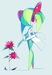  amakusa flower full_body green_hair grey_background hands_together kirlia no_humans plant pokemon pokemon_(creature) red_eyes simple_background solo standing 