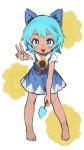  1girl :d barefoot blue_eyes blue_hair blush bow cirno dress flower food hair_bow hidden_star_in_four_seasons open_mouth oreoppi popsicle short_dress short_hair smile solo sunflower tan touhou v 