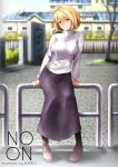  absurdres ahoge arcueid_brunestud arm_support artist_name black_legwear blonde_hair blurry blurry_background building closed_mouth cross cross_necklace full_body hair_intakes highres jewelry kuraka long_skirt necklace pantyhose purple_skirt red_eyes short_hair sitting skirt smile sweater tree tsukihime turtleneck turtleneck_sweater 