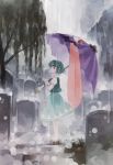  1girl aqua_hair full_body geta graveyard highres karakasa_obake long_sleeves looking_at_viewer profile puffy_sleeves red_eyes shihou_(g-o-s) shirt short_hair skirt snow solo standing tatara_kogasa tombstone tongue touhou tree umbrella vest 