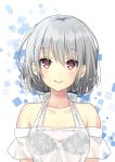  1girl black_bra blush bra character_request copyright_request daidai_jamu eyebrows_visible_through_hair grey_hair highres looking_at_viewer red_eyes short_hair smile solo underwear 