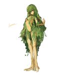  1girl artist_name breasts brown_eyes full_body green_hair hair_censor hair_over_one_eye hand_up lansane leaf long_hair looking_at_viewer medium_breasts monster_girl navel nude original plant plant_girl roots sidelocks signature simple_background very_long_hair vines white_background 