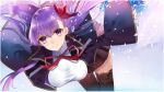  1girl bb_(fate/extra_ccc) breasts bubble cherry_blossoms dress fate/extra fate/extra_ccc fate_(series) gloves hair_ribbon highres ichinosenen lace lace-trimmed_thighhighs large_breasts leaning_forward long_hair petals pleated_skirt purple_hair red_ribbon ribbon skirt smile solo thigh-highs violet_eyes white_gloves 