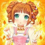  1girl :o blush bra drill_hair eyebrows_visible_through_hair green_eyes grey_bra hair_ornament idolmaster idolmaster_2 jewelry looking_at_viewer lowres mitsumomo_mamu open_mouth orange_hair ring short_hair solo star star_hair_ornament takatsuki_yayoi twintails underwear wrist_cuffs 