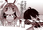  1boy 1girl :i ahoge anbe blush bracelet chibi closed_eyes comic dark_skin egyptian_clothes facial_mark fate/grand_order fate/prototype fate/prototype:_fragments_of_blue_and_silver fate_(series) hairband jewelry long_hair medjed monochrome nitocris_(fate/grand_order) rider_(fate/prototype_fragments) sleeping translation_request two-tone_hairband 