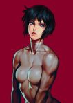  1girl as109 black_hair blue_eyes bodysuit breasts ghost_in_the_shell highres kusanagi_motoko looking_at_viewer medium_breasts muscle muscular_female parted_lips red_background short_hair simple_background solo upper_body 