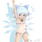  1girl ahoge armpits arms_up bikini blue_eyes blue_hair blush cirno coreytaiyo dated fang flower hair_ribbon hidden_star_in_four_seasons highres ice ice_wings leaf looking_at_viewer midriff navel open_mouth plant ribbon short_hair signature smile solo stretch sunflower swimsuit tan tanline touhou vines white_background wings 