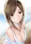  1girl bare_shoulders bikini bikini_top blurry blurry_background breasts brown_eyes brown_hair choker cleavage close-up closed_mouth collarbone earrings glint head_tilt jewelry looking_at_viewer love_plus medium_breasts nannacy7 necklace off_shoulder open_clothes open_shirt revision shirt short_hair smile solo swimsuit takane_manaka upper_body white_bikini white_bikini_top white_shirt 