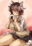  1girl alternate_costume animal_ears breasts brown_eyes brown_hair eating food futatsuiwa_mamizou glasses large_breasts loose_socks onigiri plump raccoon_ears raccoon_tail school_uniform skirt socks sweater_vest tail thick_eyebrows thick_thighs thighs touhou yohane 