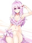  1girl arm_support armpits bare_arms bare_legs bare_shoulders breasts cleavage cu-no floral_print flower hair_between_eyes hair_flower hair_ornament hisenkaede large_breasts lavender_eyes lavender_hair looking_at_viewer midriff navel original sarong thighs yayoi_sakura 