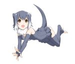  1girl :d animal_ears bare_shoulders breasts brown_eyes cirnocchi cleavage collar elbow_gloves fingerless_gloves floating frilled_swimsuit frills full_body fur_collar gloves gradient_hair grey_gloves grey_hair grey_legwear grey_swimsuit kemono_friends legs_up looking_at_viewer lying medium_breasts multicolored multicolored_clothes multicolored_hair multicolored_swimsuit no_shoes on_stomach one-piece_swimsuit open_mouth otter_ears otter_tail short_hair simple_background small-clawed_otter_(kemono_friends) smile solo swimsuit tail thigh-highs toeless_legwear tsurime two-tone_hair white_background white_hair 