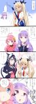  4girls 4koma animal_ears bass_guitar black_hair blonde_hair blue_eyes blush bunny_girl cat_ears cat_girl cat_tail chuchu_(show_by_rock!!) comic cyan_(show_by_rock!!) cyan_eyes dog_girl dog_tail guitar highres instrument long_hair moa_(show_by_rock!!) multiple_girls pink_hair plectrum purple_hair rabbit_ears retoree sheep_ears sheep_girl short_hair show_by_rock!! simple_background speech_bubble strawberry_heart tail text tousaki_shiina translation_request triangle_mouth violet_eyes white_background yellow_eyes yuri 