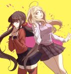  2girls ahoge akamatsu_kaede blonde_hair brown_hair dangan_ronpa hair_ornament hair_scrunchie harukawa_maki highres low_twintails mole mole_under_eye multiple_girls musical_note_hair_ornament necktie new_dangan_ronpa_v3 open_mouth plaid plaid_skirt pleated_skirt pony_(ponyco) red_eyes red_legwear school_uniform scrunchie serafuku skirt sweater_vest thigh-highs twintails violet_eyes 