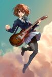  1girl bangs black_footwear black_legwear blue_jacket blue_ribbon blue_skirt brown_eyes brown_hair buttons clouds collared_shirt commentary english_commentary full_body guitar hair_ornament hairclip highres hirasawa_yui holding holding_instrument holding_plectrum instrument jacket k-on! looking_to_the_side neck_ribbon open_mouth pantyhose plectrum ribbon school_uniform shirt shoes short_hair signature skirt sky solo uglykao white_shirt 