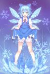  1girl :d bloomers blue_dress blue_eyes blue_hair blush bow cirno dress dress_lift eclair_(ekreatan) full_body hair_bow ice ice_wings looking_at_viewer open_mouth puffy_short_sleeves puffy_sleeves red_ribbon ribbon short_hair short_sleeves smile snowflakes socks solo teeth touhou underwear wings 