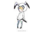  1girl :| arms_at_sides bird_tail bird_wings black_skirt blue_hair blush chibi closed_mouth collar collared_shirt copyright_name dot_nose expressionless eyelashes full_body gradient_hair grey_legwear grey_shoes hair_between_eyes head_wings kemono_friends loafers long_sleeves looking_at_viewer masked_booby_(kemono_friends) multicolored multicolored_clothes multicolored_hair multicolored_skirt necktie orange_eyes orange_hair pantyhose pantyhose_under_shorts pleated_skirt shirt shoes short_hair shorts shorts_under_skirt simple_background skirt sleeve_cuffs solo standing sweater tail white_background white_hair white_shirt white_shorts white_skirt white_sweater wing_collar wings yoshizaki_mine 