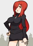  1girl breasts cross cross_necklace hair_over_one_eye jewelry large_breasts long_hair necklace parasoul_(skullgirls) redhead skullgirls solo splashbrush yellow_eyes 