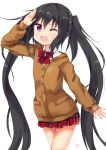  1girl absurdres amano_kouki black_hair cardigan error highres long_hair looking_at_viewer note-chan one_eye_closed open_mouth original revision salute school_uniform simple_background smile solo twintails very_long_hair violet_eyes white_background 