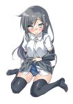  1girl arm_warmers asashio_(kantai_collection) bangs black_hair black_legwear black_skirt blue_eyes blush collared_shirt ebifurya eyebrows_visible_through_hair full_body gluteal_fold highres kantai_collection lifted_by_self long_hair looking_at_viewer no_shoes off_shoulder open_mouth pleated_skirt school_swimsuit shirt short_sleeves sidelocks simple_background sitting skirt skirt_lift solo suspender_skirt suspenders swimsuit swimsuit_under_clothes thigh-highs wariza white_background white_shirt 