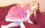  1girl all_fours ass blonde_hair blush bow brown_eyes dress eromanga_sensei hair_bow hair_ornament hairband handheld_game_console indoors knees_together_feet_apart lolita_fashion long_hair looking_at_viewer looking_back no_shoes open_mouth pointy_ears red_bow red_hairband rikorin solo thigh-highs white_legwear yamada_elf 