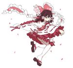  1girl ass azuki_mary blush bow brown_hair cherry_blossoms commentary detached_sleeves embellished_costume flower frilled_ribbon frills hair_bow hair_tubes hakurei_reimu large_bow looking_at_viewer magical_girl petals red_eyes ribbon sandals skirt solo thigh-highs too_many too_many_frills touhou 