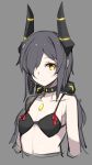  1girl aosora_kamiya arms_at_sides bikini black_bikini black_bikini_top black_hair closed_mouth collarbone flat_chest grey_background hair_over_one_eye highres horns long_hair looking_at_viewer low_twintails original simple_background sketch solo swimsuit twintails yellow_eyes 