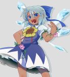  1girl blue_dress blue_eyes blue_hair blush cirno cowboy_shot dark_skin dress fangs flower grey_background hair_ribbon hidden_star_in_four_seasons highres ice ice_wings looking_at_viewer open_mouth plant puffy_sleeves ribbon short_hair short_sleeves simple_background smile solo sunflower tan touhou twiggytom vines wings 