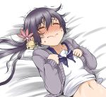  1girl akebono_(kantai_collection) bell blush breasts cardigan clenched_hands closed_eyes commentary flower hair_bell hair_flower hair_ornament jingle_bell kantai_collection long_sleeves navel nose_blush on_bed pillow purple_hair sailor_collar sailor_shirt shino_(ponjiyuusu) shirt side_ponytail small_breasts solo stomach sweat translation_request trembling upper_body 