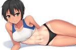  1girl black_hair breasts brown_eyes crop_top hair_between_eyes hashi looking_at_viewer lying medium_breasts midriff navel on_side original short_hair simple_background smile solo sports_bikini tan tanline track_uniform white_background 