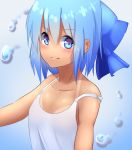  1girl blue_eyes blue_hair blush bow cirno hair_bow highres ice looking_at_viewer no_wings off_shoulder short_hair simple_background smile solo tan tank_top tanline touhou upper_body water yusake_san 