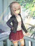  1girl alternate_costume arm_support black_jacket blue_eyes blurry casual contemporary cowboy_shot depth_of_field girls_und_panzer highres ikomochi itsumi_erika jacket long_hair looking_at_viewer miniskirt red_skirt silver_hair skirt sweater turtleneck turtleneck_sweater white_sweater 