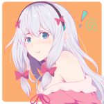 ! &gt;:t /\/\/\ 1girl :t aqua_bra aqua_eyes bangs bare_shoulders border bra breasts commentary_request dress eromanga_sensei eyebrows_visible_through_hair from_side highres illusionk izumi_sagiri long_hair looking_at_viewer looking_to_the_side medium_breasts off-shoulder_dress off_shoulder orange_background pink_dress pout shiny shiny_skin sidelocks silver_hair simple_background solo tareme underwear upper_body white_border 