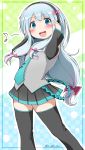  1girl = black_legwear blue_eyes blush bow cosplay detached_sleeves earth_ekami eromanga_sensei green_necktie hair_bow hair_ornament hands_on_headphones hatsune_miku hatsune_miku_(cosplay) headphones highres izumi_sagiri long_hair looking_at_viewer low_ponytail miniskirt necktie open_mouth pleated_skirt ponytail shirt silver_hair skirt sleeveless sleeveless_shirt solo standing thigh-highs tied_hair vocaloid zettai_ryouiki 