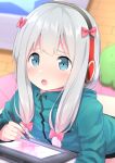  1girl absurdres bedroom blue_eyes blurry blush bow censored depth_of_field eromanga_sensei go-1 green_jacket hair_bow hair_over_shoulder hairband highres hood hooded_track_jacket indoors izumi_sagiri jacket leaning_forward long_hair looking_at_viewer mosaic_censoring open_mouth pink_bow sidelocks silver_hair tablet track_jacket upper_body 