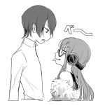  &gt;:( &gt;:p 1boy 1girl :p bare_shoulders camisole collared_shirt eye_contact facing_another from_side fur_trim glasses greyscale headphones high_collar highres hotoke_(zz_orz) jacket kitagawa_yuusuke long_hair looking_at_another monochrome off_shoulder persona persona_5 sakura_futaba semi-rimless_glasses shirt simple_background smile standing tongue tongue_out upper_body white_background 