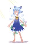  1girl artist_name barefoot blue_dress blue_hair cirno closed_eyes dress flower full_body hair_ribbon hidden_star_in_four_seasons ice ice_wings mogamiya_honu plant puffy_sleeves ribbon short_hair short_sleeves simple_background smile solo sunflower tan text touhou vines white_background wings 