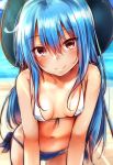  1girl bare_shoulders beach bikini blue_bikini blue_hair blush breasts closed_mouth collarbone commentary_request day eyebrows eyebrows_visible_through_hair front-tie_bikini front-tie_top hair_between_eyes hat head_tilt highres hinanawi_tenshi leaning_forward long_hair looking_at_viewer navel outdoors red_eyes sand sketch small_breasts smile solo standing swimsuit tan touhou water white_bikini yuhito_(ablbex) 