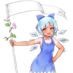  1girl blue_dress blue_eyes blue_hair blush cirno dress fang flag flower hair_ribbon hidden_star_in_four_seasons ice ice_wings laoism open_mouth plant ribbon short_hair simple_background sleeveless sleeveless_dress smile solo tan tanline tongue touhou vines white_background wings 