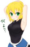  &gt;:( 1girl angry annoyed armpits arms_behind_head arms_up blonde_hair blush breasts green_eyes hair_tie highres looking_at_viewer medium_breasts mizuhashi_parsee pointy_ears short_hair shunki sideboob sleeveless solo touhou tying_hair upper_body 