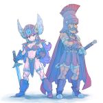  1boy 1girl armor bikini_armor breasts cleavage dragon_quest dragon_quest_iii dragon_quest_iv elbow_gloves gloves helmet large_breasts long_hair navel purple_hair ryan_(dq4) shield soldier_(dq3) sword tamago_tomato weapon winged_helmet 