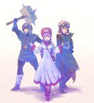  1girl 2boys blush breasts dragon_quest dragon_quest_ii dress full_body goggles highres hood long_hair looking_at_viewer medium_breasts multiple_boys open_mouth prince_of_lorasia prince_of_samantoria princess_of_moonbrook purple_hair smile standing tamago_tomato violet_eyes 