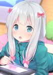  1girl absurdres bedroom blue_eyes blurry blush bow censored depth_of_field eromanga_sensei go-1 green_jacket hair_bow hair_over_shoulder highres hood hooded_track_jacket indoors izumi_sagiri jacket leaning_forward long_hair looking_at_viewer mosaic_censoring open_mouth pink_bow sidelocks silver_hair tablet track_jacket upper_body 