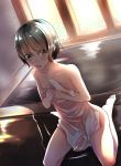 1girl bangs black_hair blue_eyes blush comah covering covering_chest eyebrows_visible_through_hair hands_on_own_chest indoors kneeling naked_towel onsen open_mouth original own_hands_together shiny shiny_hair short_hair solo teeth towel 