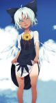  1girl absurdres blue_eyes blue_hair blue_sky blush cirno clouds colored_eyelashes dress dress_lift fangs flower hair_ribbon hidden_star_in_four_seasons highres ice ice_wings looking_at_viewer migihidari_(puwako) ribbon short_sleeves sky smile solo sunflower sweat tan tanline touhou wings 