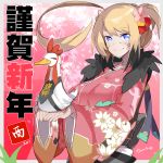  1girl 2017 ahoge animal animal_on_hand aosora_kamiya artist_name bangs bird blonde_hair blue_eyes breasts cherry_blossoms closed_mouth duck eyebrows_visible_through_hair facepaint floral_background floral_print happy_new_year holding holding_animal japanese_clothes jitome kimono large_breasts looking_at_viewer new_year original pink_kimono signature smile solo translated upper_body year_of_the_rooster 