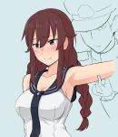  1boy 1girl admiral_(kantai_collection) arm_up armpits blue_background braid breasts brown_hair cleavage green_eyes hair_between_eyes kantai_collection large_breasts noshiro_(kantai_collection) pinching sailor_collar sidelocks simple_background tsurugi_muda twin_braids 