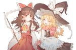  2girls ^_^ apron bare_shoulders black_hat black_skirt black_vest blonde_hair blush bow brown_hair closed_eyes detached_sleeves frilled_ascot frilled_bow frills gloves gohei hair_bow hair_tubes hajin hakurei_reimu hand_behind_head hand_holding hat hat_bow hidden_star_in_four_seasons highres kirisame_marisa long_hair messy_hair mittens multiple_girls open_mouth orange_eyes pink_gloves red_bow red_eyes red_scarf red_skirt ribbon-trimmed_collar ribbon_trim scarf sidelocks skirt skirt_set smile touhou very_long_hair vest waist_apron wavy_hair white_apron white_background white_bow wide_sleeves witch_hat yellow_ascot 