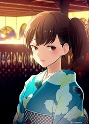  1girl alternate_costume blurry blurry_background brown_eyes brown_hair deco_(geigeki_honey) festival japanese_clothes kaga_(kantai_collection) kantai_collection kimono obi sash short_hair side_ponytail solo twitter_username yukata 