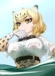  1girl ajino_(sakanahen) black_bow black_bowtie blue_sky bow bowtie breasts dated day fur_collar half-closed_eyes jaguar_(kemono_friends) jaguar_ears jaguar_print kemono_friends large_breasts looking_to_the_side outdoors partially_submerged see-through short_hair short_sleeves sky solo solo_focus upper_body wet wet_clothes yellow_eyes 