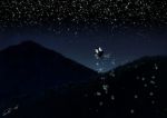  1girl carte cirno flying from_behind full_body glitter glowing glowing_wings ice ice_wings mountain night night_sky scenery signature silhouette sky solo sparkle star_(sky) starry_sky touhou wings 